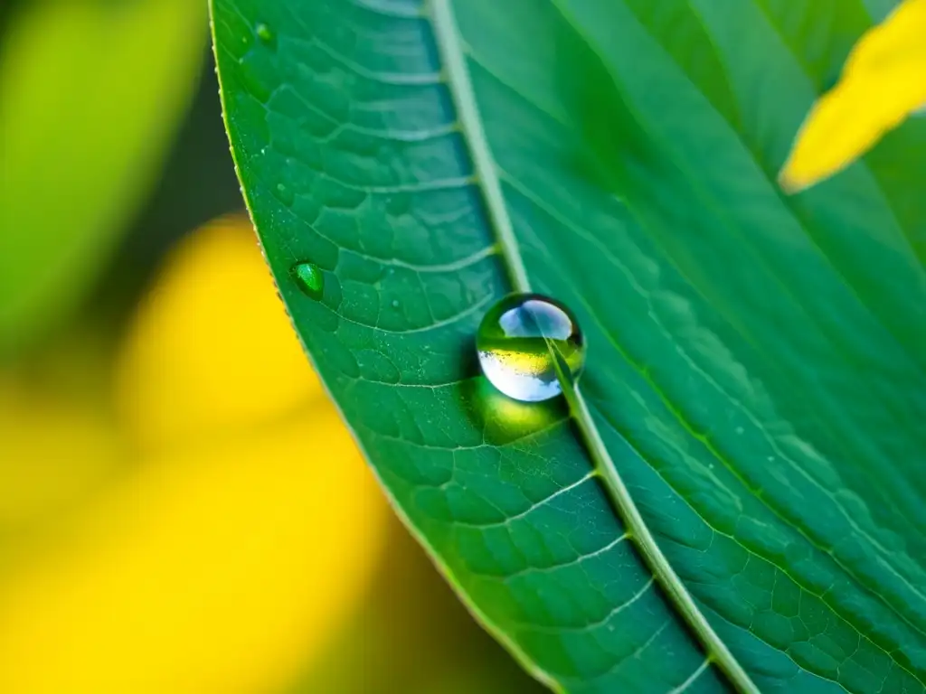 Detalle de gota de agua en hoja verde resaltando la eficiencia del riego por goteo en huertos orgánicos