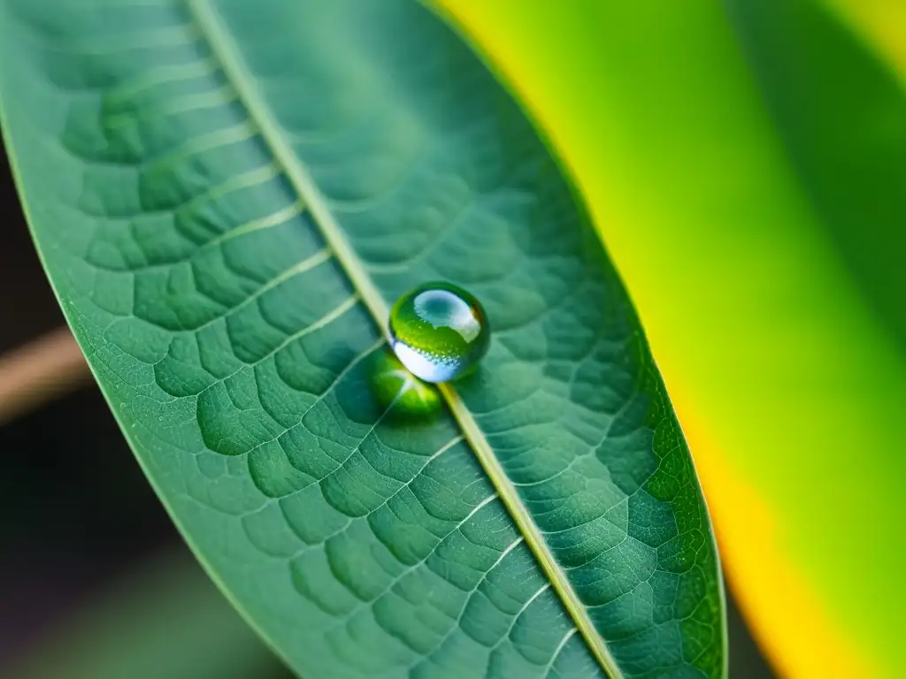 Detalle de una gota de agua sobre hoja verde, preservando la huella hídrica agrícola