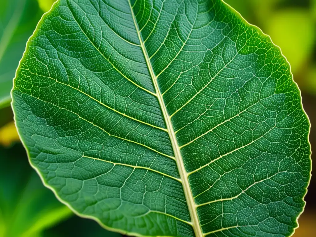 Detalle de una hoja orgánica con patrón de venas intrincado y signos de deficiencia de nutrientes