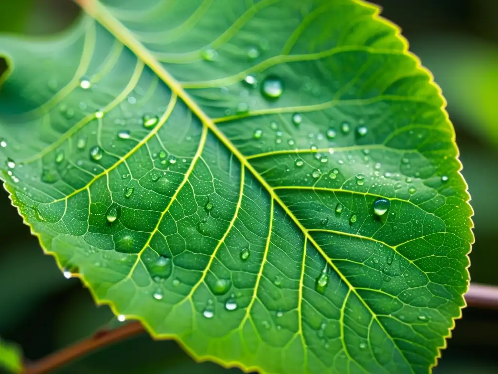 Detalle de una hoja orgánica verde con venas y gotas de agua, iluminada por luz suave