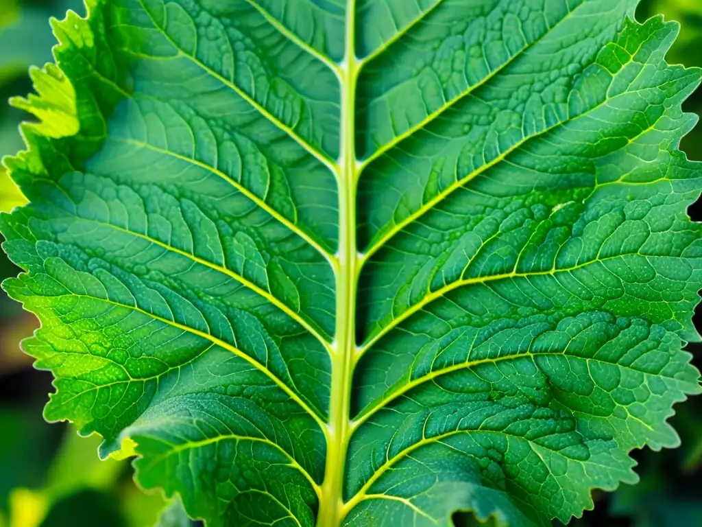 Detalle de una hoja de col rizada orgánica iluminada por el sol, resaltando su belleza natural