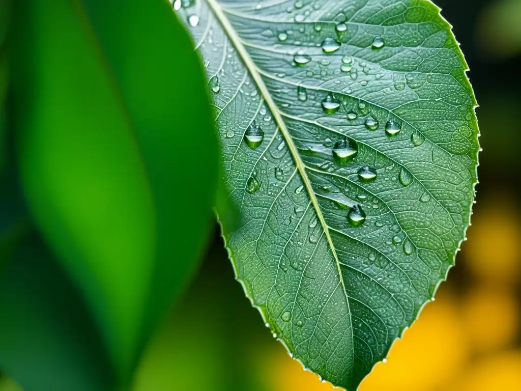 Detalle de hoja verde con gotas de agua, evocando tranquilidad y sostenibilidad en el riego por goteo en huertos orgánicos