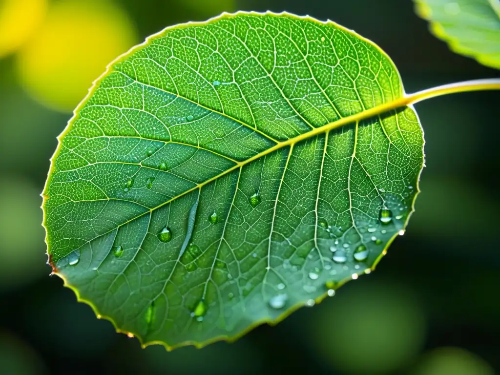 Detalle de hoja verde con gotas de agua, iluminada y nítida, evocando pureza orgánica y los mejores extractos vegetales pesticidas orgánicos