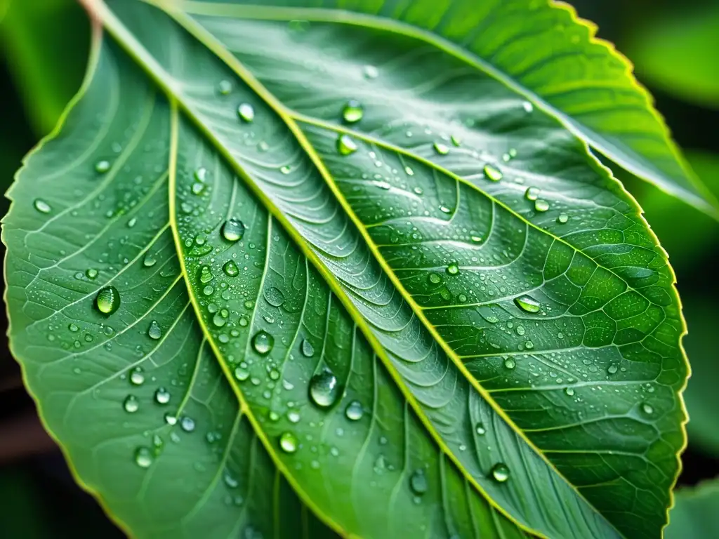 Detalle de una hoja verde vibrante con gotas de agua, destacando su belleza natural