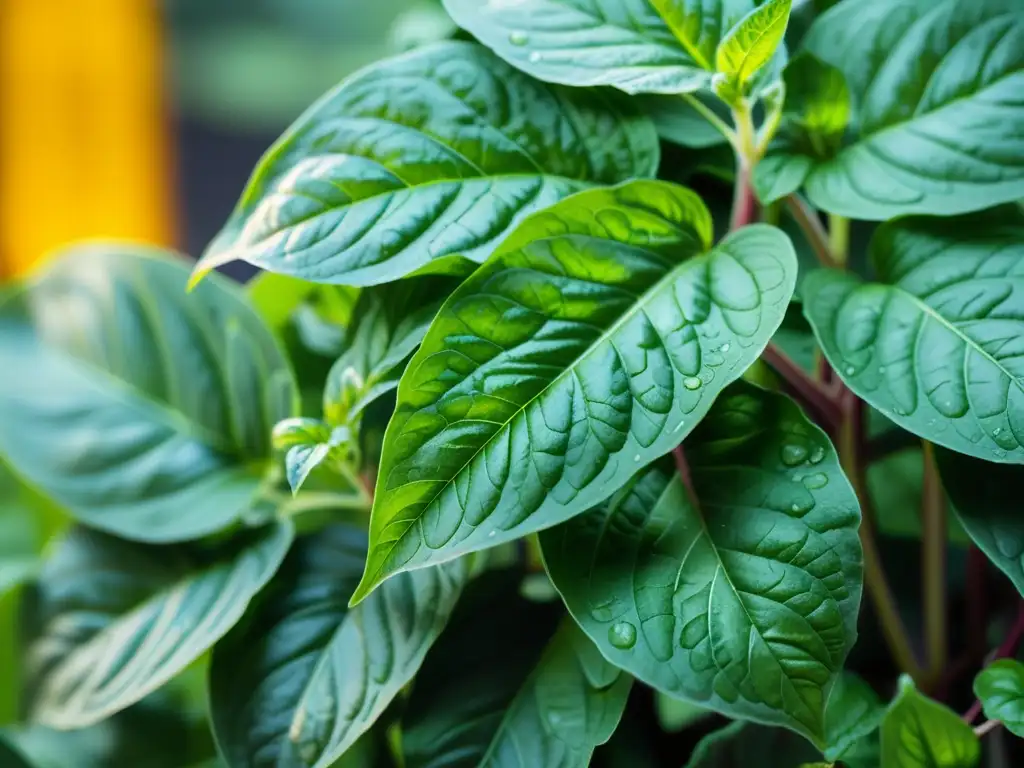 Detalle de hojas de albahaca verde brillante con rocío, iluminadas por la suave luz matutina, evocando la serenidad y la belleza natural