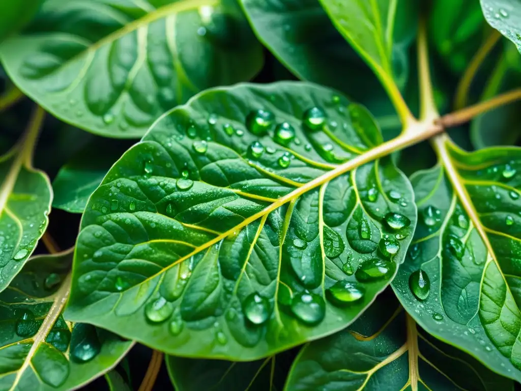 Detalle de hojas de espinaca orgánica con gotas de rocío, resaltando la clorofila y sus beneficios en alimentos orgánicos