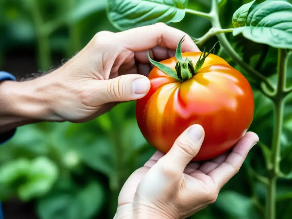 Detalle de un huerto orgánico: inspección minuciosa de tomate heirloom recién cosechado