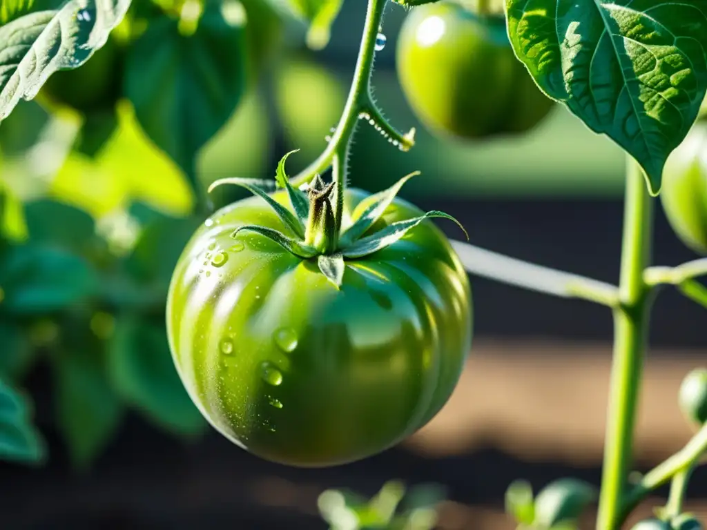 Detalle de huerto orgánico: planta de tomate verde con riego por goteo, gotas brillantes y sombras del sol entre las hojas