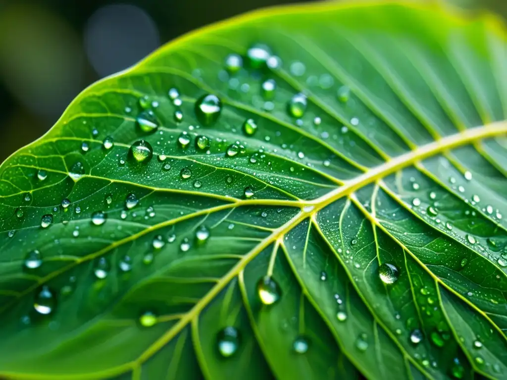 Detalle impactante de hoja verde con gotas de agua, reflejando la luz solar