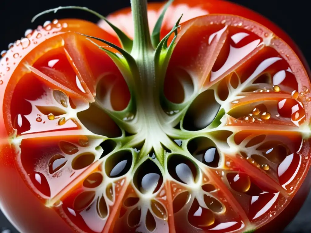 Detalle impactante de un tomate maduro partido en dos, resaltando sus semillas, carne y piel, con gotas de agua brillantes en la superficie