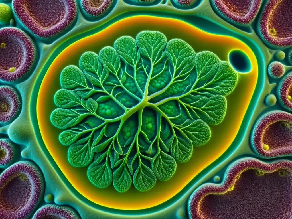 Detalle impresionante de una célula vegetal verde bajo microscopio, exudando precisión científica y complejidad orgánica