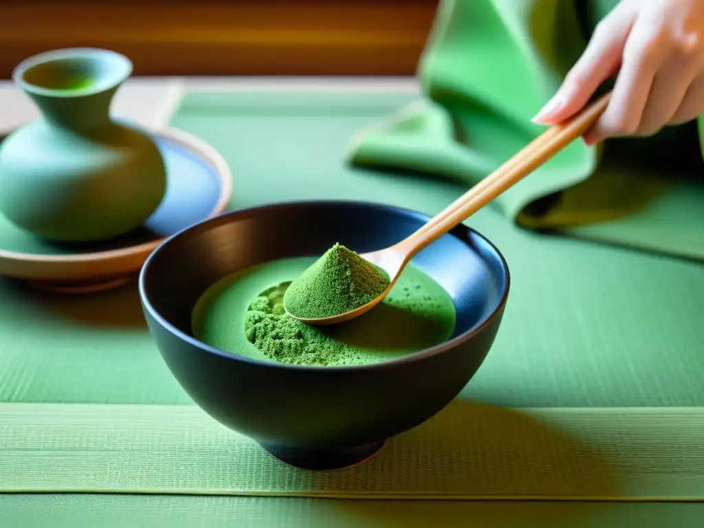 Detalle impresionante de una ceremonia japonesa del té matcha con utensilios de cerámica y polvo verde vibrante