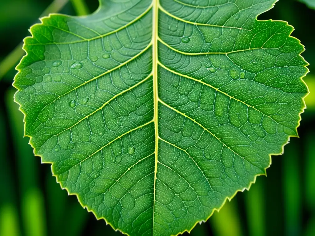 Detalle impresionante de una hoja verde con gotas de rocío, resaltando la belleza y complejidad de la biotecnología en agricultura orgánica