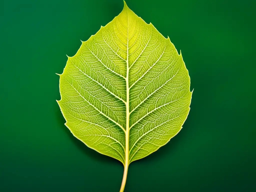 Detalle impresionante de una hoja vibrante y saludable bañada en luz natural, resaltando su belleza orgánica