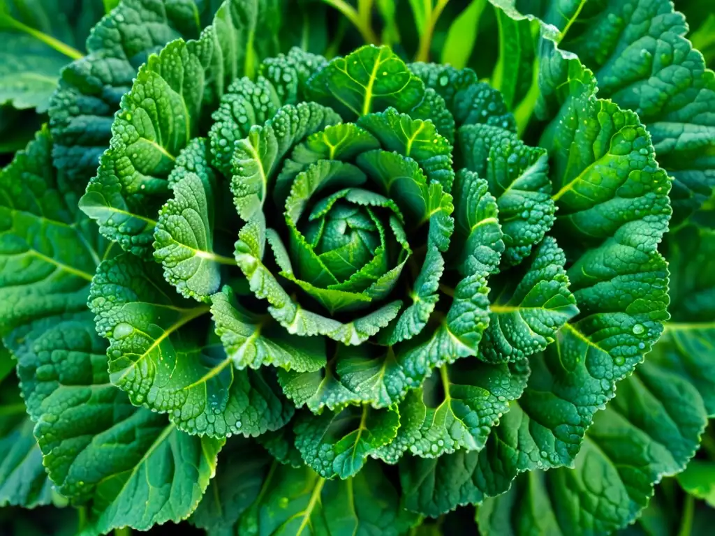 Detalle impresionante de hojas de kale orgánico en espiral con gotas de rocío, destacando los beneficios de la clorofila en alimentos orgánicos