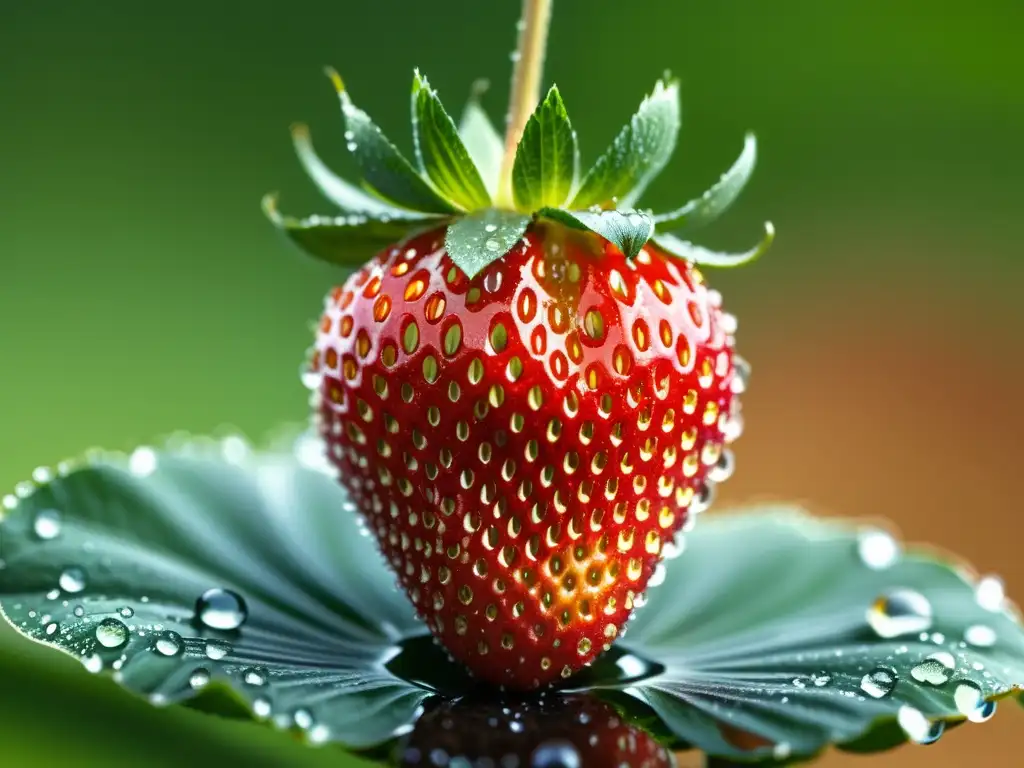 Deliciosas fresas: detalle asombroso Detalle impresionante de una jugosa fresa orgánica, brillante y fresca, símbolo de alimentos orgánicos y prevención cáncer