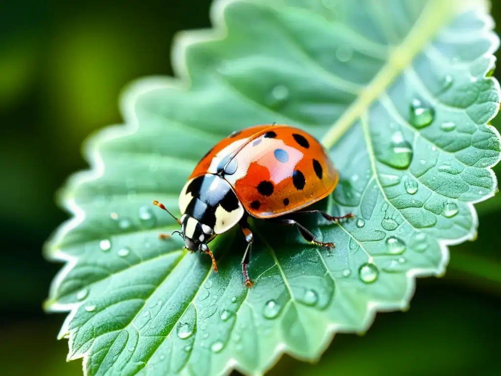 Detalle impresionante de una mariquita sobre una hoja verde con gotas de agua