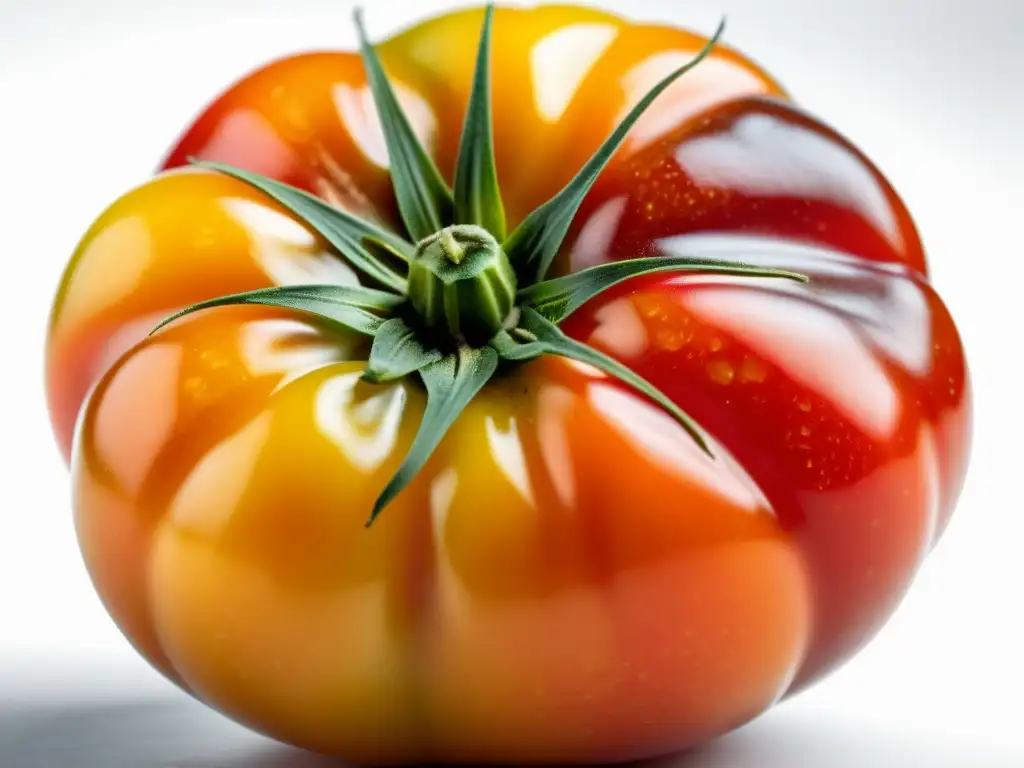 Detalle impresionante de tomate herencia, resaltando su belleza y diversidad genética