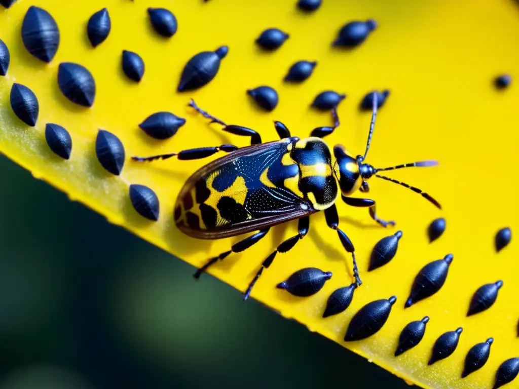 Detalle impresionante de trampa amarilla para plagas orgánicas, con insectos atrapados en la superficie