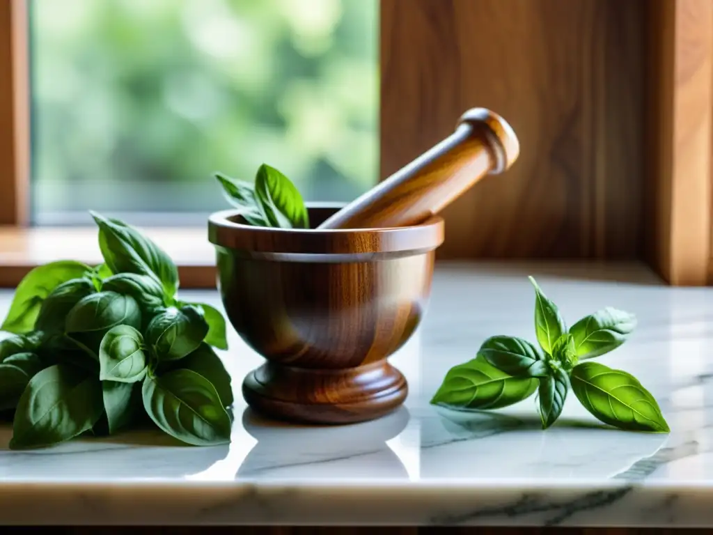 Detalle de un juego de mortero y maja de madera con hierbas y especias orgánicas en un elegante mostrador de mármol, bañado por la suave luz natural