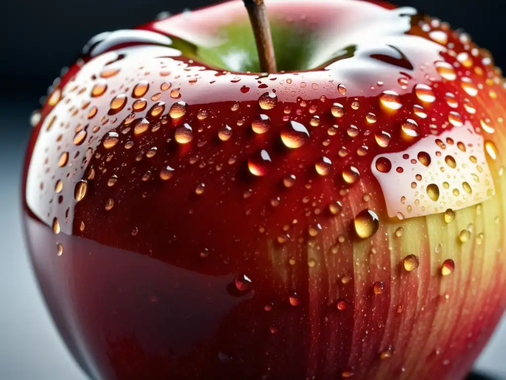 Detalle de una manzana orgánica cubierta de gotas de agua, resaltando su textura y colores vibrantes