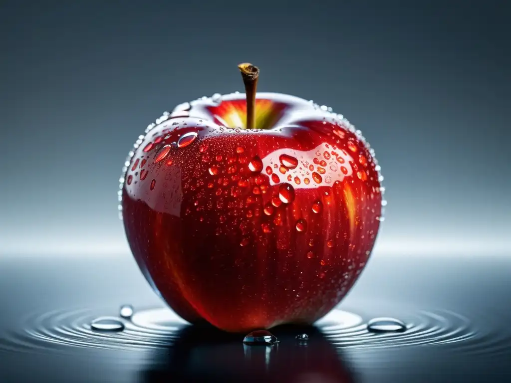 Detalle de una manzana roja con gotas de agua, destaca su belleza natural