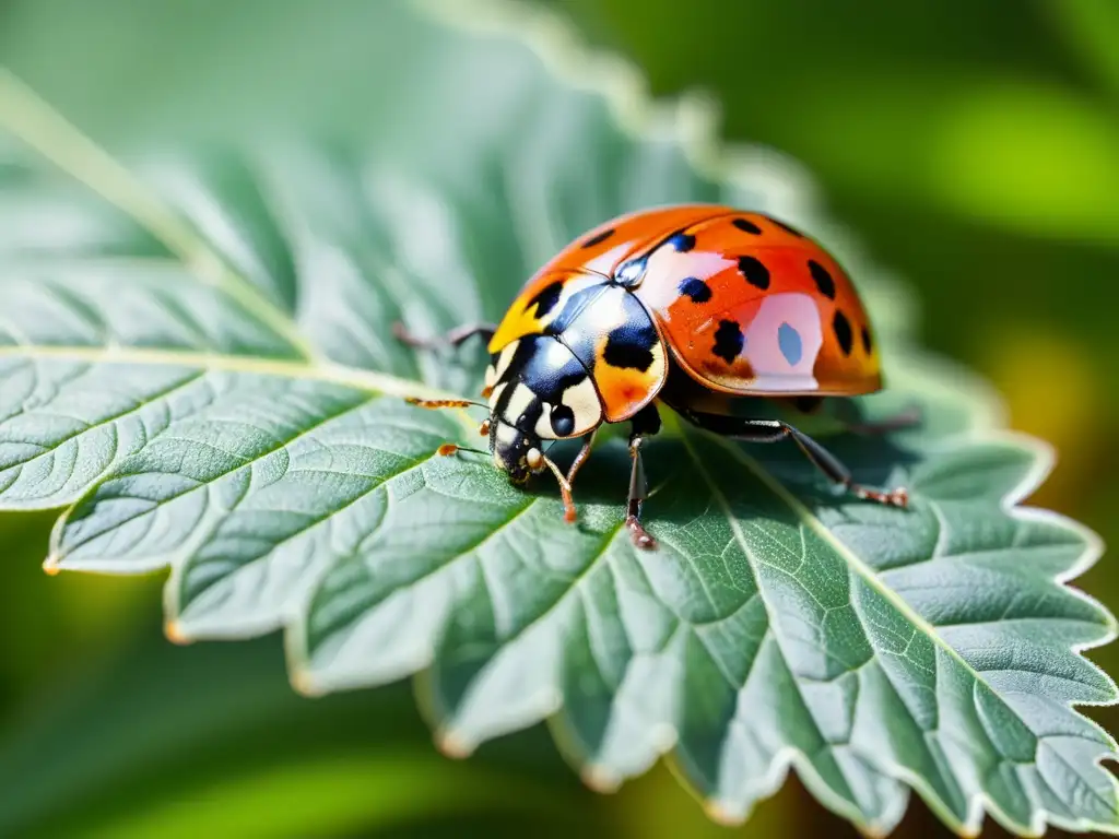 Detalle de una mariquita en una hoja verde, demostrando el control de plagas orgánico innovador mediante insectos beneficiosos