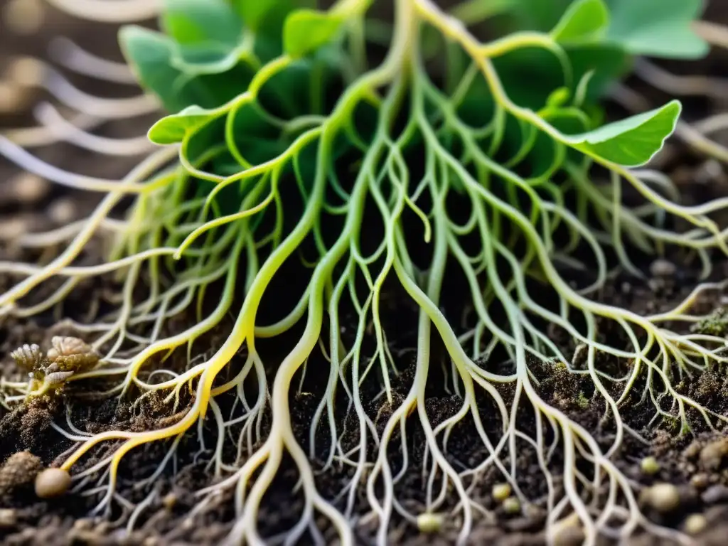 Detalle de las micorrizas entrelazadas con las raíces de una planta sana, resaltando la importancia de las micorrizas en agricultura orgánica