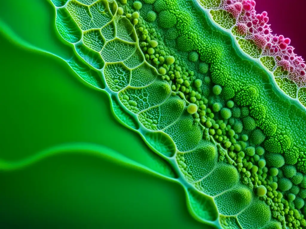 Detalle microscópico de células madre de plantas, con estructura celular vibrante y tejidos vegetales delicados