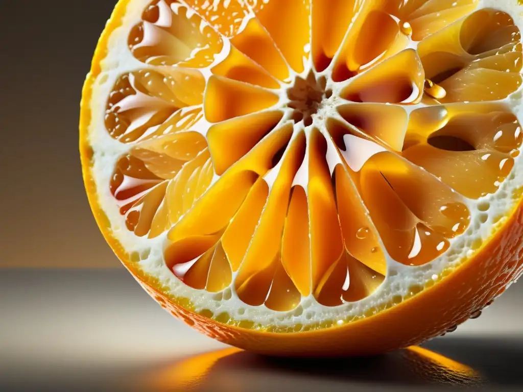 Detalle de una naranja madura orgánica, con jugo natural brillante y textura detallada