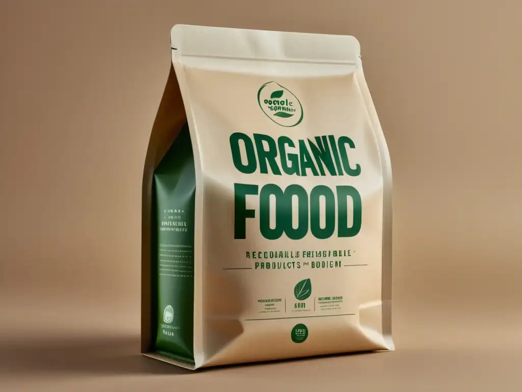 Detalle de packaging ecológico para alimentos orgánicos con diseño minimalista y tonos tierra, ideal para consumidores conscientes del medio ambiente