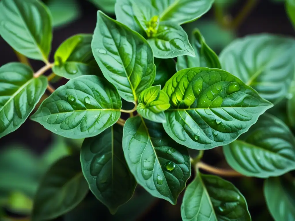 Detalle de planta de albahaca verde con rocío, bañada por suave luz solar