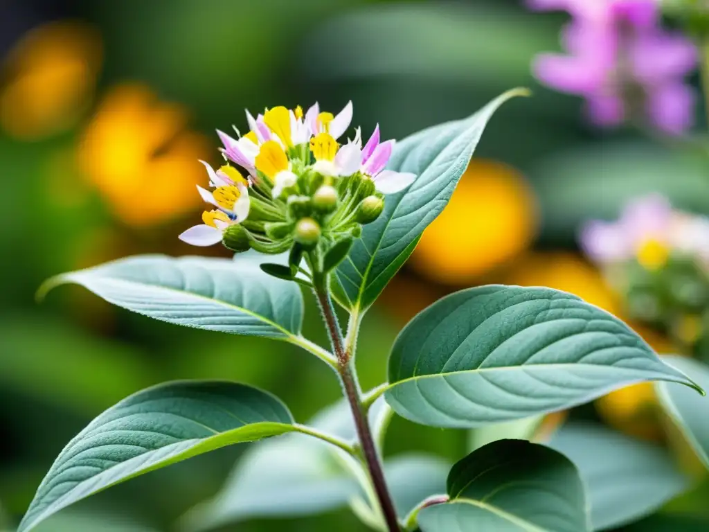 Detalle de planta perenne saludable con hojas verdes vibrantes y flores coloridas, mostrando los beneficios de plantas perennes en agricultura