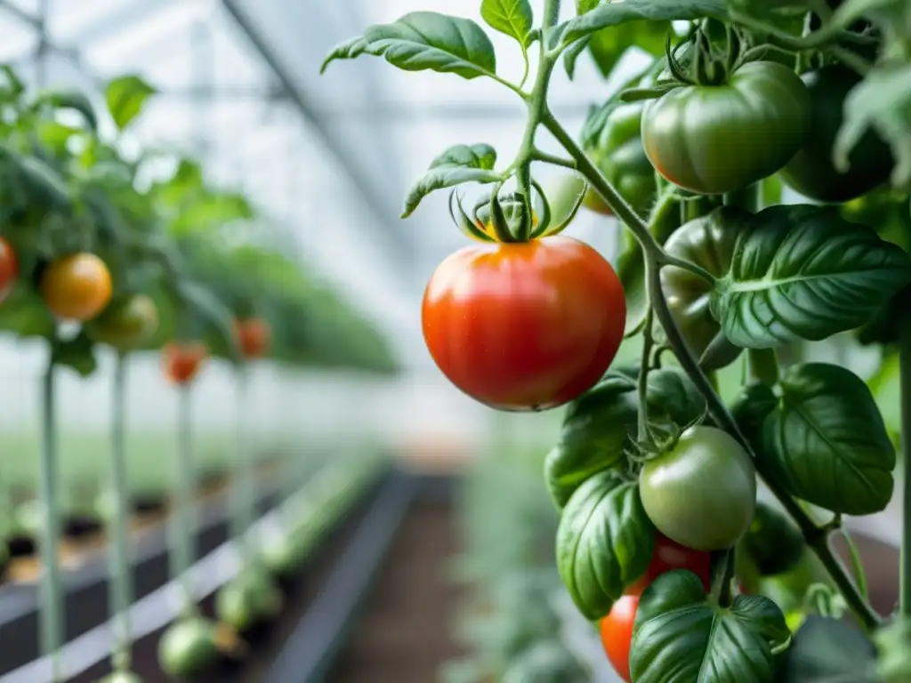 Detalle de planta de tomate modificada genéticamente en invernadero de alta tecnología