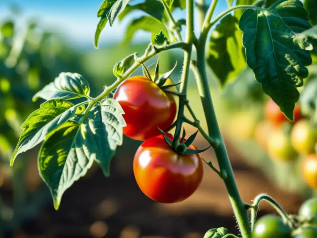 Detalle de planta de tomate orgánico en campo soleado, resaltando la belleza y abundancia de cultivos orgánicos