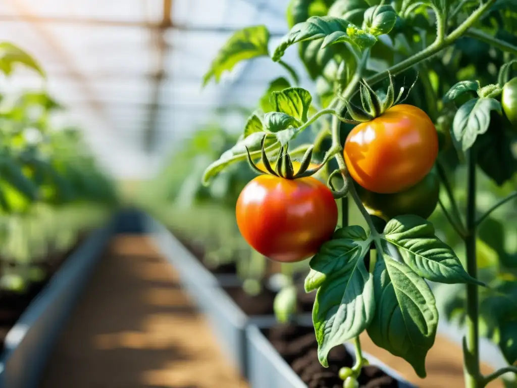 Detalle de planta de tomate orgánico en invernadero, resaltando la belleza natural