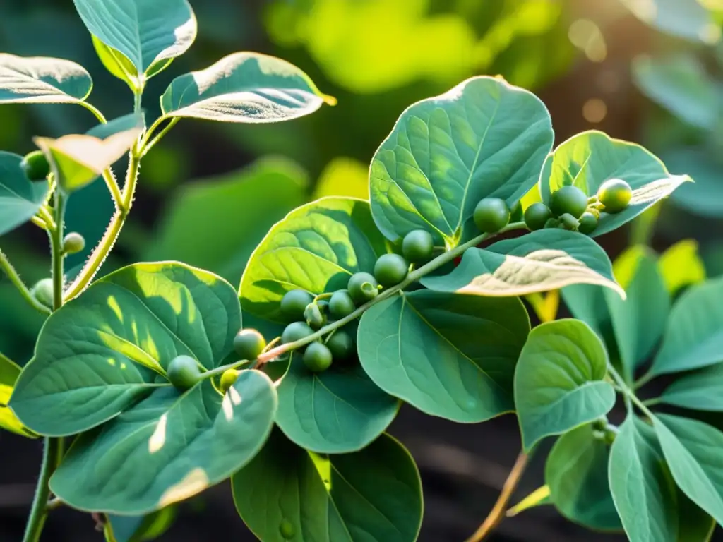 Detalle de plantas de soja y guisantes entrelazados en un cultivo orgánico, mostrando su belleza natural