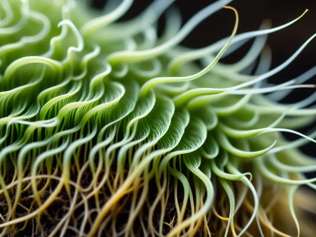 Detalle de la relación simbiótica entre microbios y plantas orgánicas, entrelazados en una red intricada de raíces y hongos micorrícicos