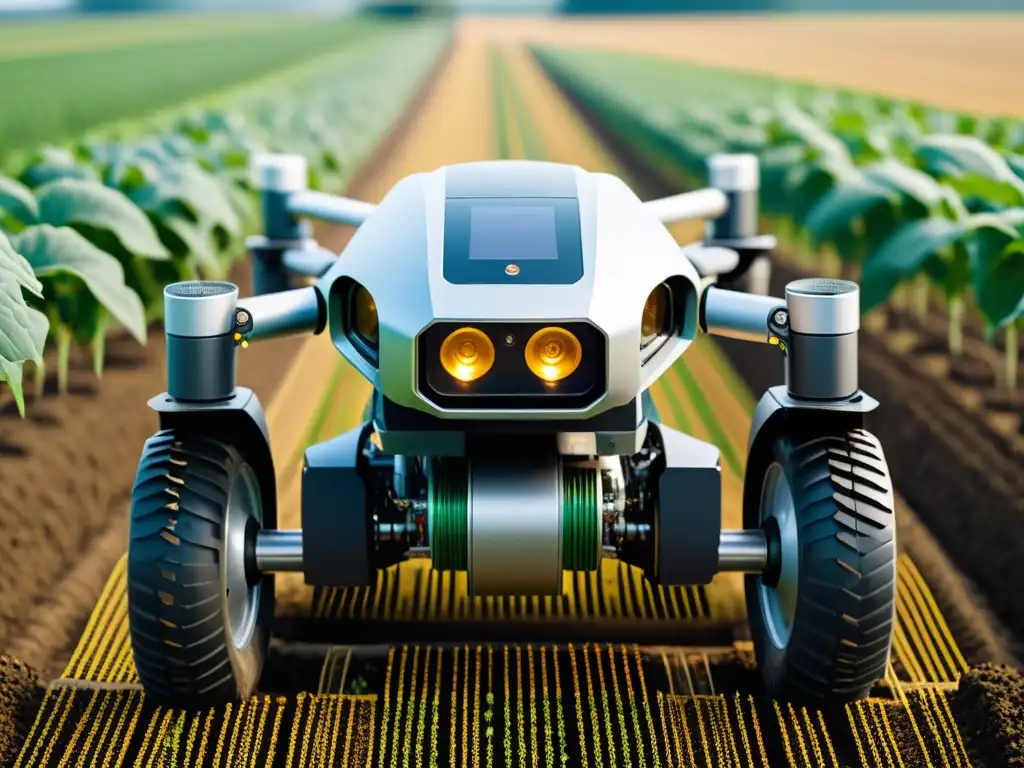 Detalle de sensores y cámaras de robot agrícola en campos orgánicos, resaltando tecnología avanzada para mantenimiento predictivo