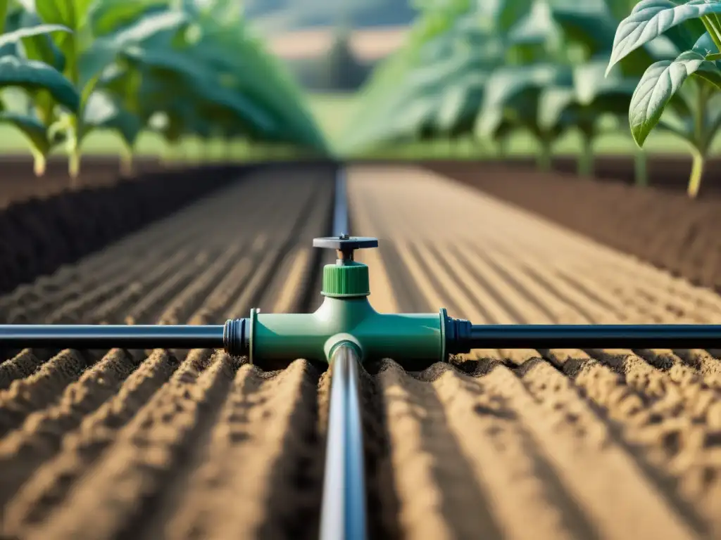 Detalle de sistema de riego por goteo en agricultura ecológica, mostrando precisión y eficiencia en la distribución de agua