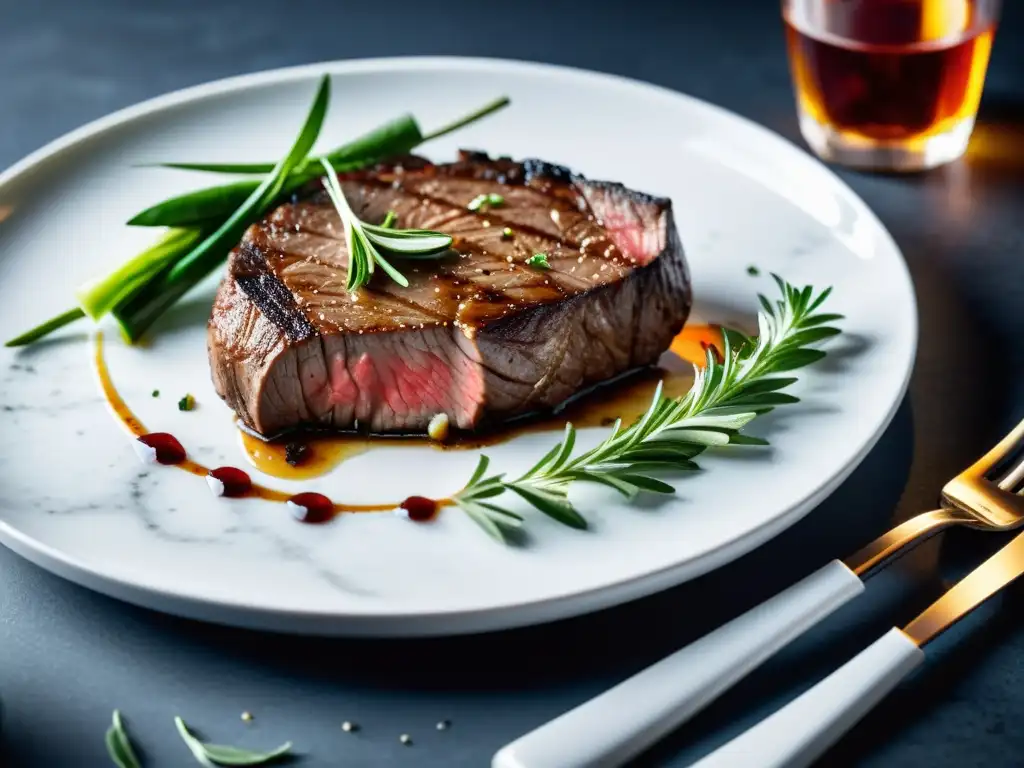 Detalle de un suculento filete orgánico en un plato blanco, con jugos naturales brillantes y marcas de parrilla