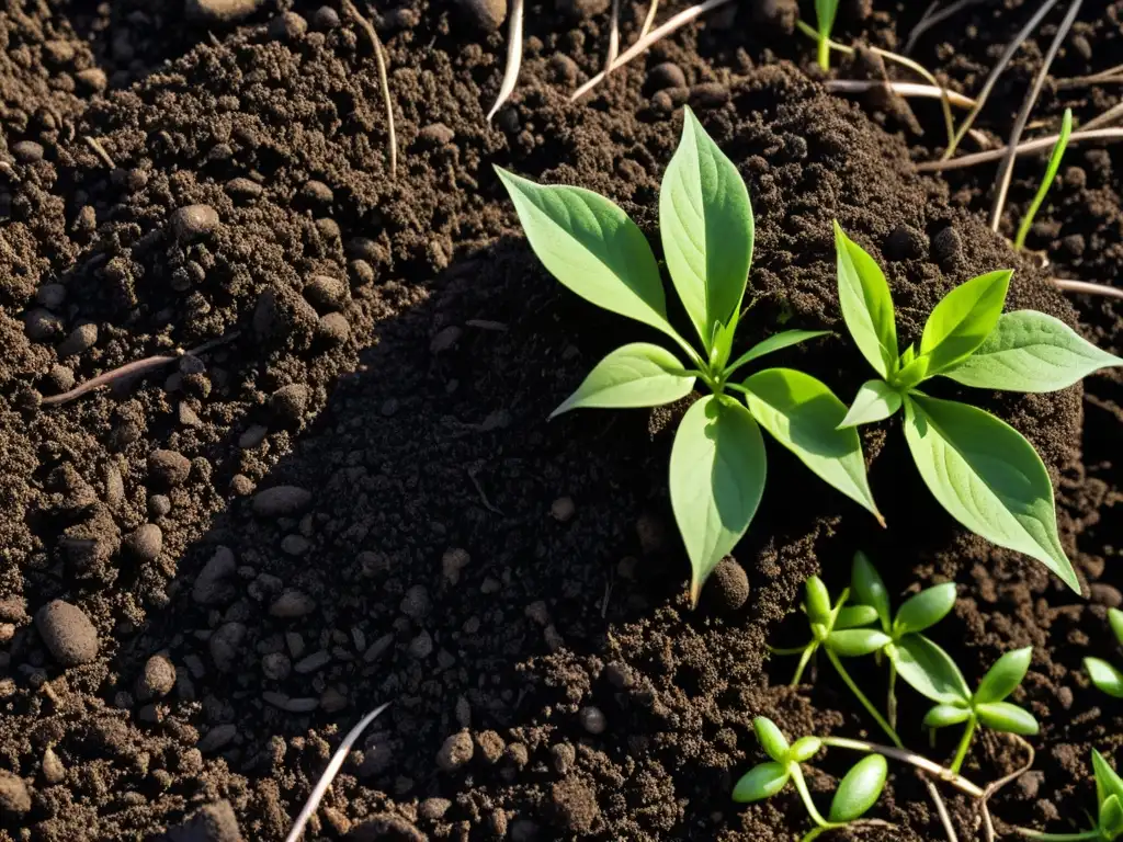 Detalle de suelo orgánico cubierto de mulch, con brotes verdes emergiendo