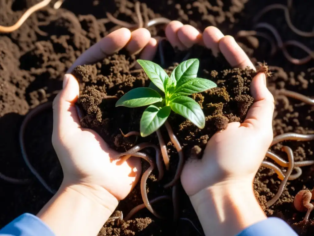 Detalle de suelo orgánico rico en vida, con raíces entrelazadas de plantas saludables