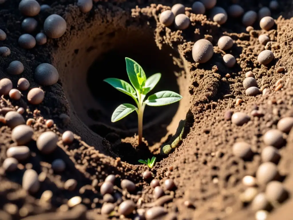 Detalle de suelo orgánico rico y vibrante con lombrices y raíces de plantas, destacando la importancia de la materia orgánica