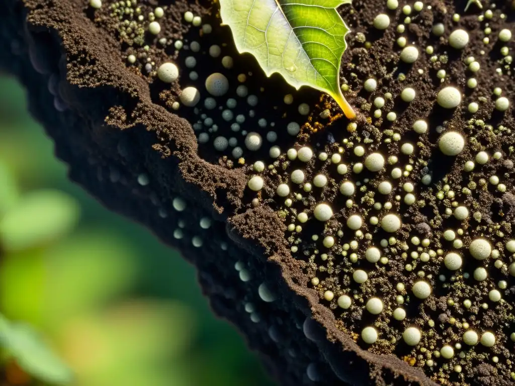 Detalle de suelo vivo con microbioma activo, raíces entrelazadas y gotas de agua