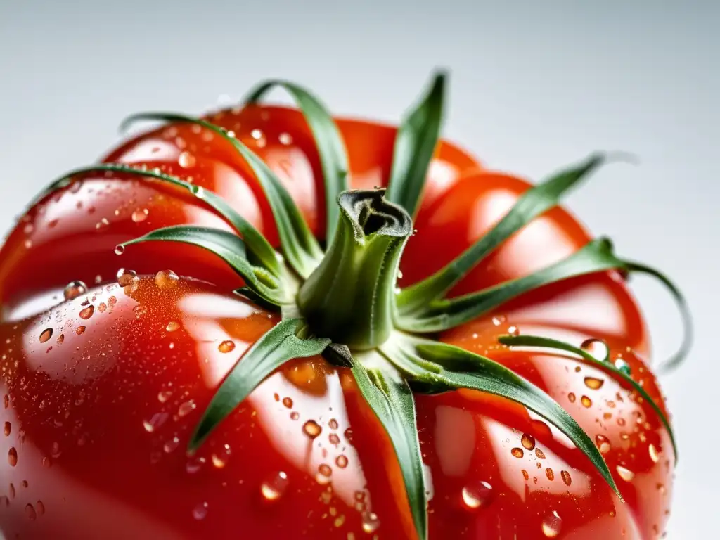 Detalle de un tomate orgánico recién cosechado, brillante con gotas de agua