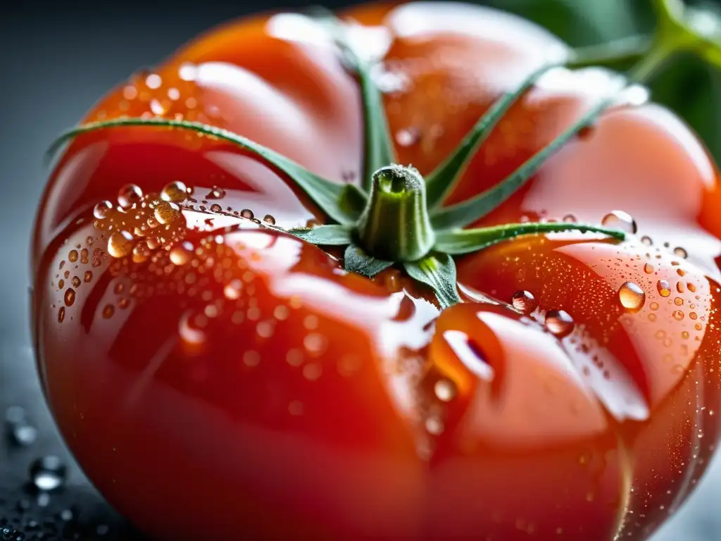 Detalle de tomate orgánico fresco y vibrante, con gotas de rocío