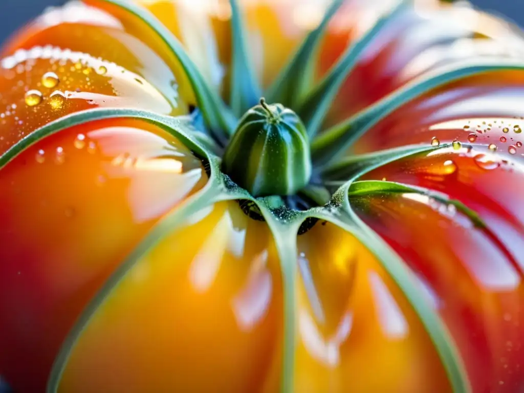 Detalle de tomate orgánico iluminado por el sol, con colores vibrantes y textura rica