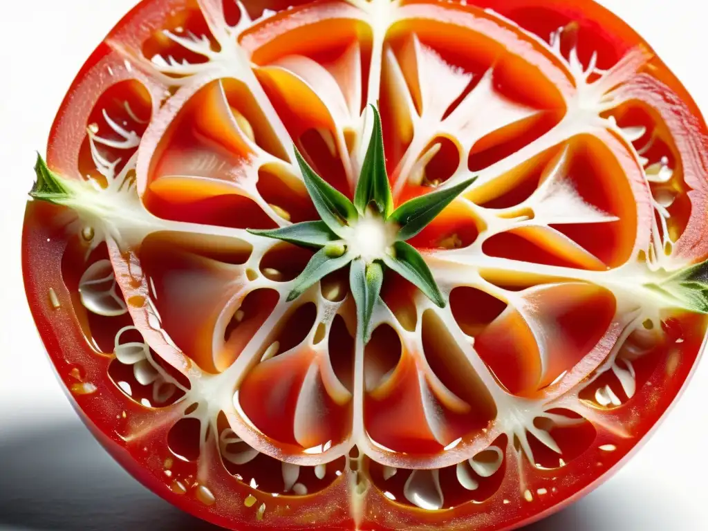 Detalle de tomate orgánico maduro rebanado, mostrando sus semillas, jugosa pulpa y color rojo intenso en fondo blanco