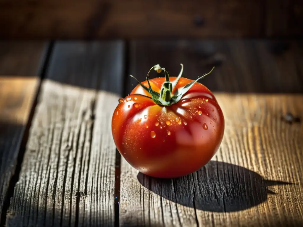 Detalle de tomate orgánico maduro sobre madera, con gotas de agua